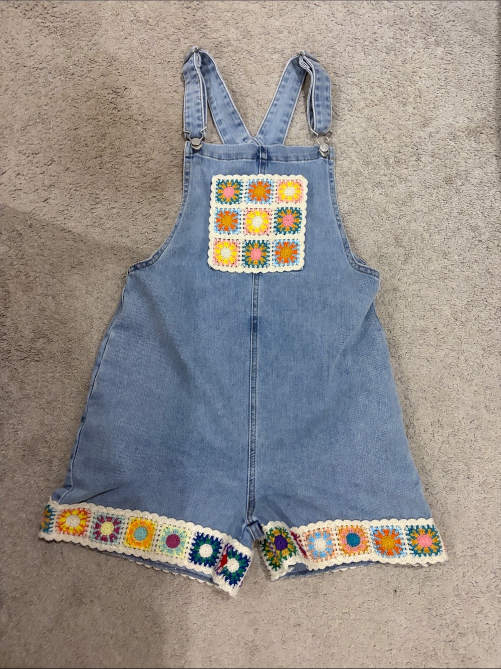 Tractr Light Blue Denim Crochet Accent Short Overalls